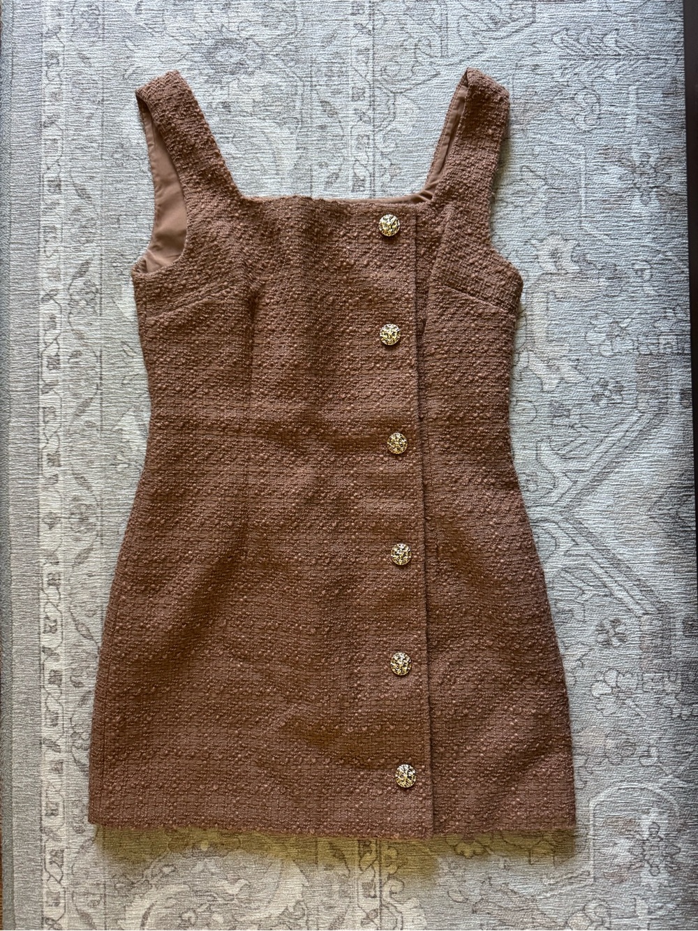 French Connection Brown Tweed Mini Dress with Gold Buttons